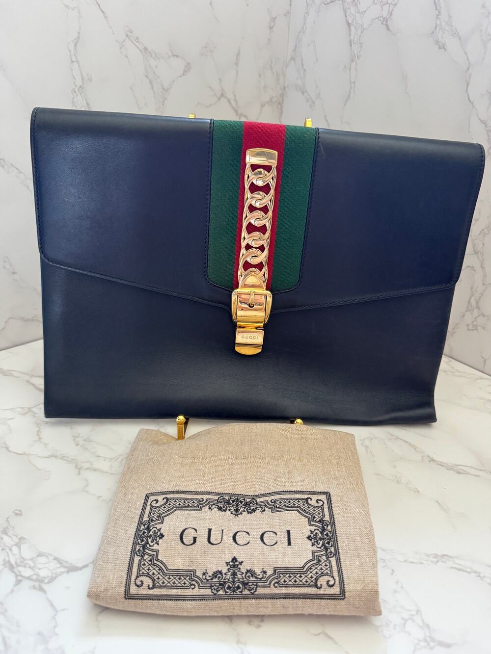 Gucci Sylvie Black Leather Maxi Clutch